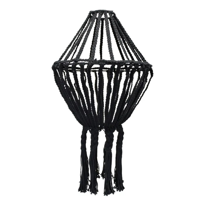 Black cotton macrame chandelier with large drop design braided cotton rope and tassels hanging indoors
