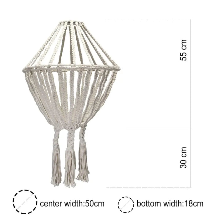 A cream macrame chandelier with geometric shape and braided black cotton rope details hanging indoors
