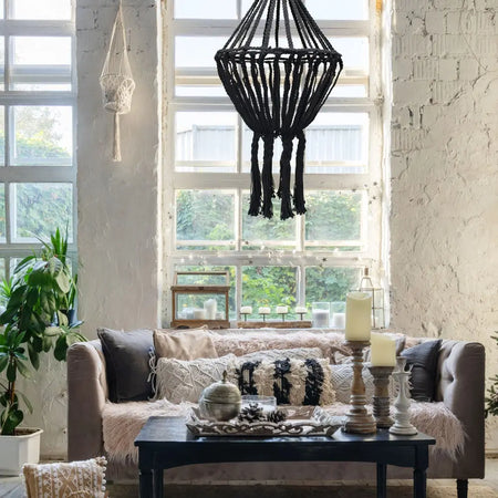 Black cotton macrame chandelier with tasseled fringe made of cotton rope for hanging lighting decor