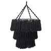 Black macrame chandelier with three tiers of fringed fabric made from soft cotton rope for indoor decor