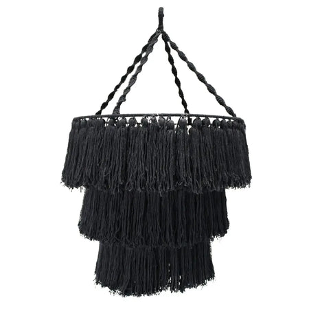 Black macrame chandelier with three tiers of fringed fabric made from soft cotton rope for indoor decor