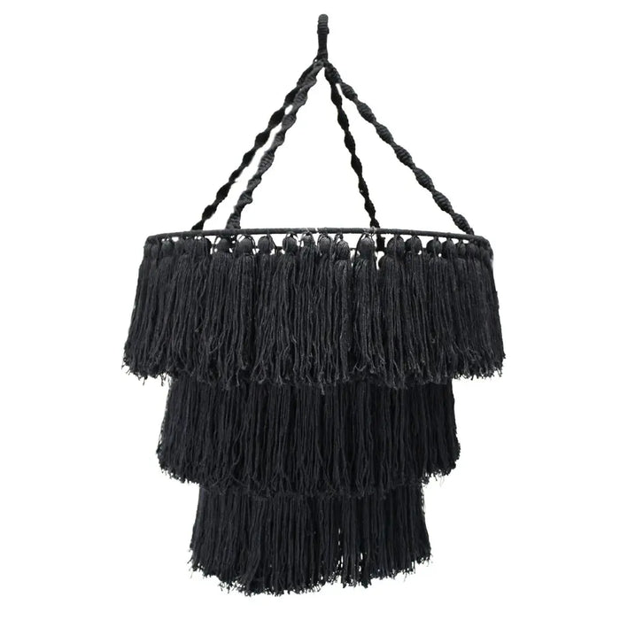 Black macrame chandelier with three tiers of fringed fabric made from soft cotton rope for indoor decor