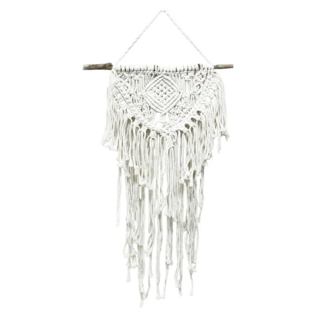 White cotton macrame wall hanging with diamond pattern and long fringe for home and heart decor