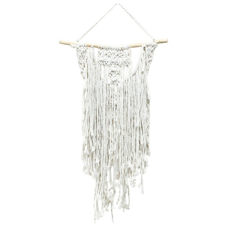 White macrame wall hanging with intricate knotwork on wooden dowel called the wedding blessing design
