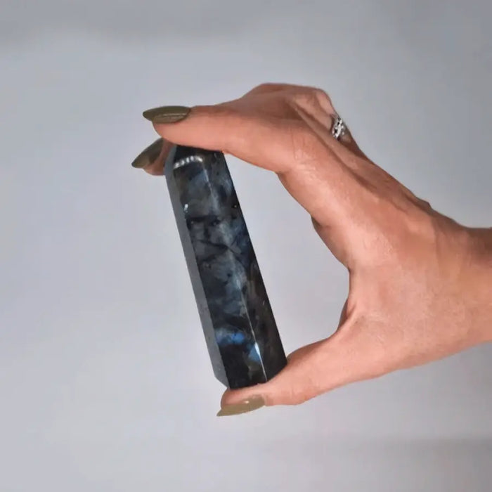 A hand holds a dark blue faceted labradorite crystal point with silver and purple flashes from Madagascar weighing 50-65gm