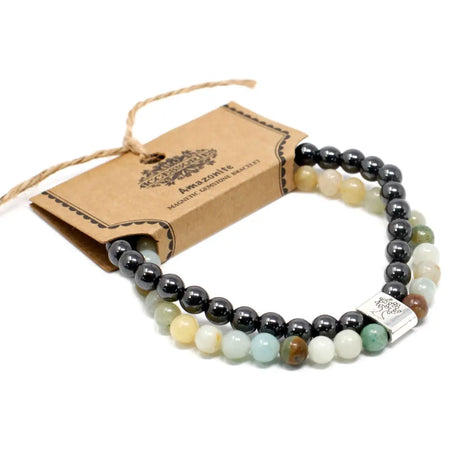 A two-strand amazonite magnetic gemstone bracelet with black hematite and multicolored beads and a silver tree charm