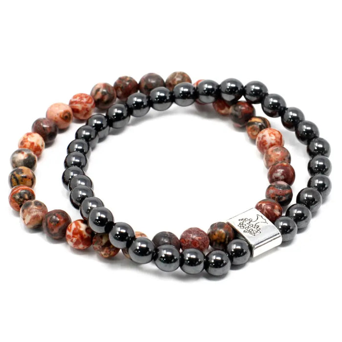A magnetic gemstone double-strand bracelet with black magnetic spheres and red-brown jasper beads and silver clasp