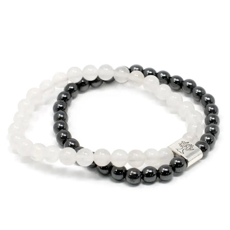 Black and white magnetic gemstone bracelet with rock quartz beads and a silver tree engraved clasp