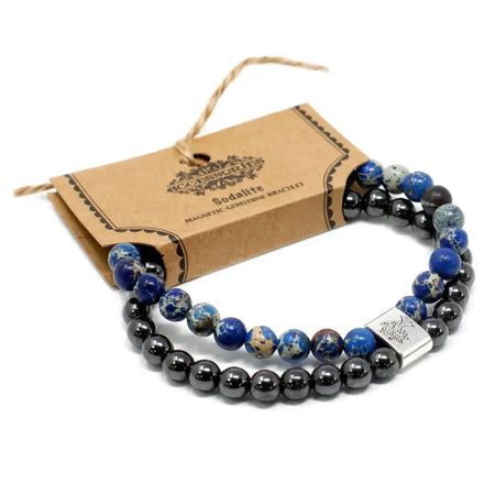 A double-strand magnetic gemstone bracelet with blue and black sodalite beads and a silver-toned magnetic clasp
