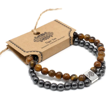Magnetic gemstone bracelet with tiger eye and hematite beads and a silver tree design clasp