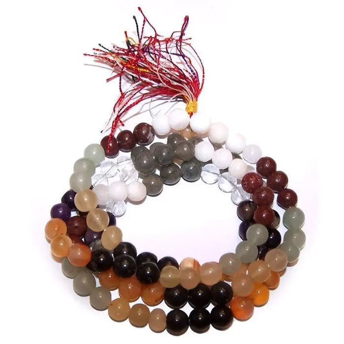 A mala beads bracelet with multi-strand smooth round stones in white gray brown orange black and a colorful tassel