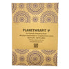 Brown recycled kraft gift wrap with purple mandala pattern and planetwrapit logo on folded kraft paper sheet
