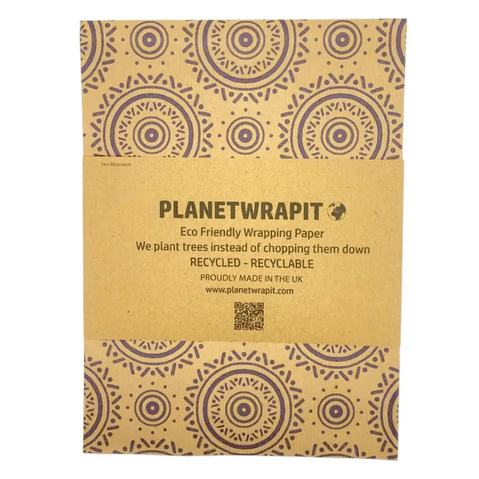 Brown recycled kraft gift wrap with purple mandala pattern and planetwrapit logo on folded kraft paper sheet