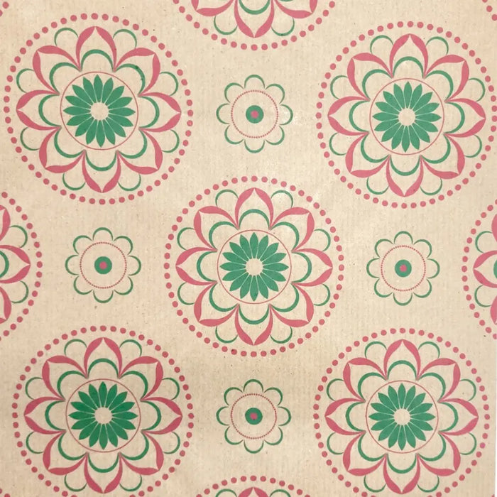 Beige recycled kraft wrapping paper with green and pink floral mandala patterns on a 1m x 50cm a4 folded sheet