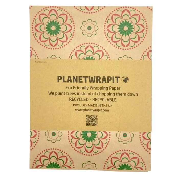 Planetwrapit mandala recycled kraft wrapping paper with green and red patterns on beige recycled kraft material sheet