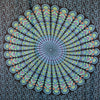 Vibrant psychedelic mandala sarong in classic peacock colors teal lime green orange and purple on dark brown fabric