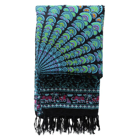 A vibrant black cotton classic peacock sarong with turquoise lime green purple fans and pink elephant border pattern
