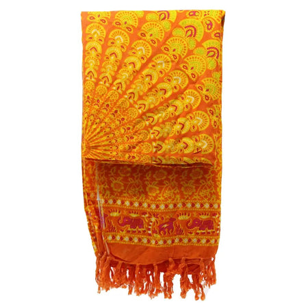 Vibrant lime orange cotton sarong with bold yellow red mandala pattern and elephant motifs along the border with tassels