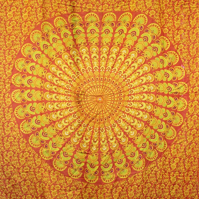 Mandala sarong fabric in lime orange with vibrant mandala and paisley patterns in bright orange and yellow colors