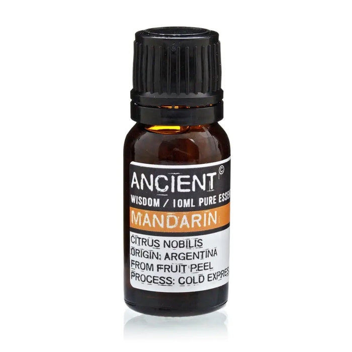 A small amber glass bottle of mandarin essential oil with a black cap and label from ancient wisdom argentina
