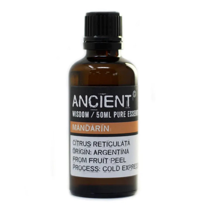 A 50ml amber glass bottle of mandarin essential oil with black cap and allergen declarations from argentine mandarin oranges peel