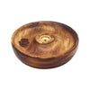 Hand carved mango wood incense burner disc with brass center and hamsa symbol engraved on the side