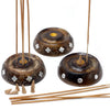 Hand carved dark mango wood cone and stick incense burners with white floral inlays and wooden incense cones and sticks