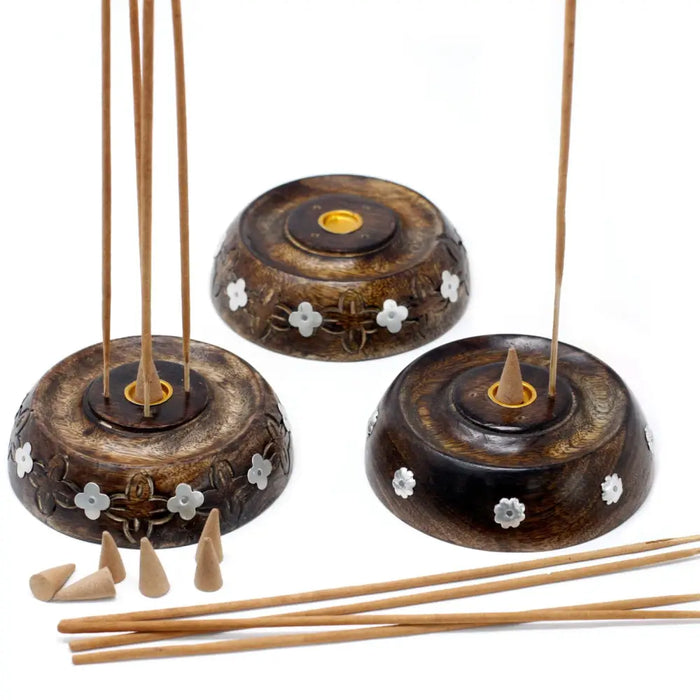 Hand carved dark mango wood cone and stick incense burners with white floral inlays and wooden incense cones and sticks