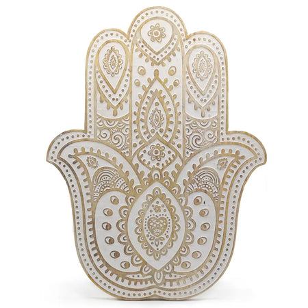White and gold mango wood hamsa wall plaque with intricate paisley patterns in a whitewash finish