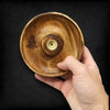 Handcrafted mango wood incense burner disc with carved buddha figure and brass insert for wood incense sticks and cones