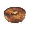 Handcrafted mango wood incense burner disc with a natural brown finish and brass-colored yin and yang insert