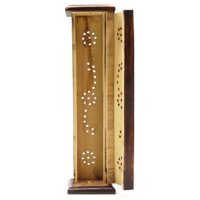 A mango wood rectangular incense tower with dark brown frame and golden interior featuring floral perforations