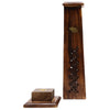 Dark brown mango wood tapered square incense burner with brass elephant emblem and decorative perforations