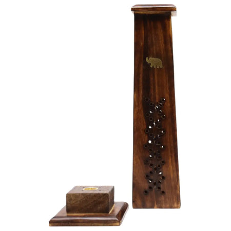 Dark brown mango wood tapered square incense burner with brass elephant emblem and decorative perforations