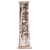 A tall whitewashed mango wood incense tower with tapered square shape and intricate leaf-patterned cutouts