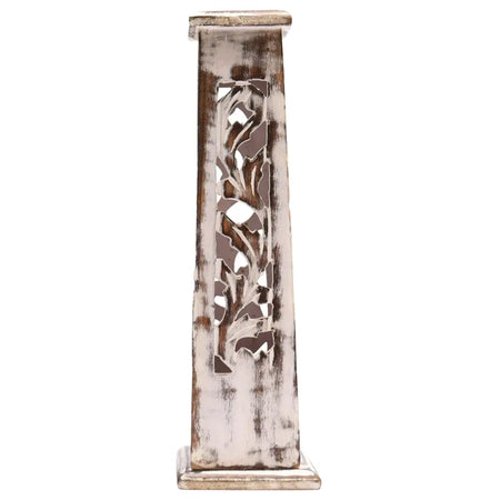 A tall whitewashed mango wood incense tower with tapered square shape and intricate leaf-patterned cutouts