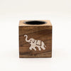 Wooden cube-shaped tissue box with white carved elephant design made from mango wood for wood oil burner use