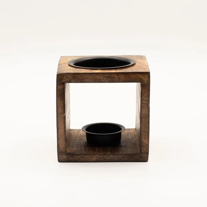 Dark wood mango wood oil burner cube with two black ceramic bowls for mango wood oil diffusion and aroma use