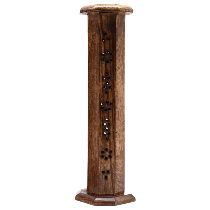 A tall dark brown mango wood smoke tower with octagonal base and floral cutouts along its sides