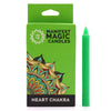 A vibrant green slender wax candle stands next to its branded packaging for manifest magic candles heart chakra green