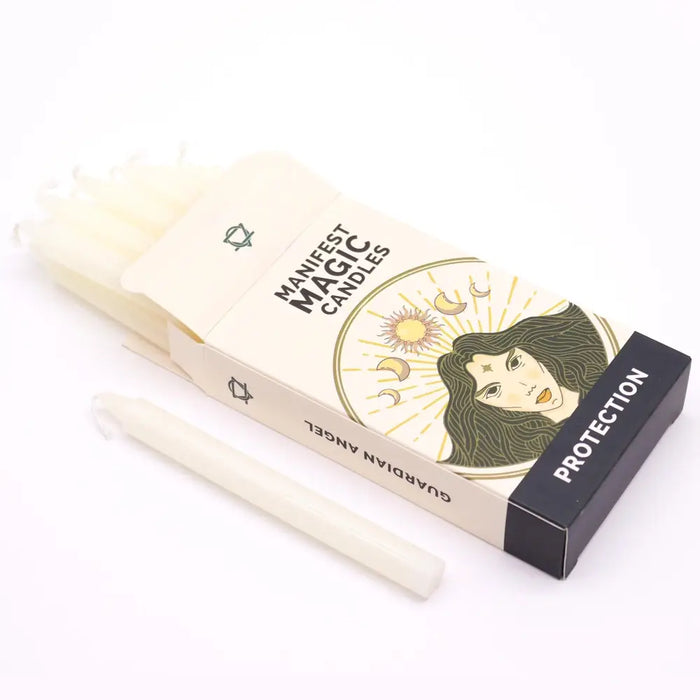 A set of cream ivory wax manifest magic candles in a box with an illustrated guardian angel for protection