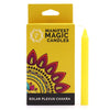 A yellow slender soy candle for solar plexus chakra beside its packaging with mandala designs and manifest magic text