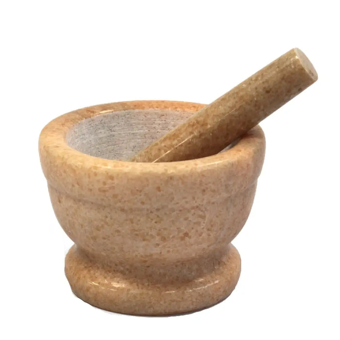 Beige speckled marble mortar and pestle medium size made of stone for grinding and crushing ingredients