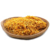 A heart-shaped wooden bowl filled with vibrant golden-orange marigold petals weighing 0.5kg