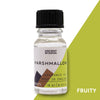 A clear glass bottle with black cap of marshmallow fragrance oil from ancient wisdom with allergen declarations label