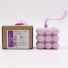 Lavender and lilac massage soap bar in soft lavender color with bubbly cube design and a matching hanging ribbon loop