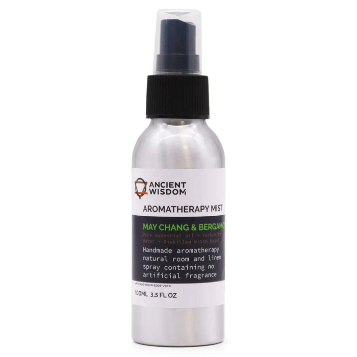 Silver spray bottle with black pump labeled may chang and bergamot essential oil mist with witch hazel base