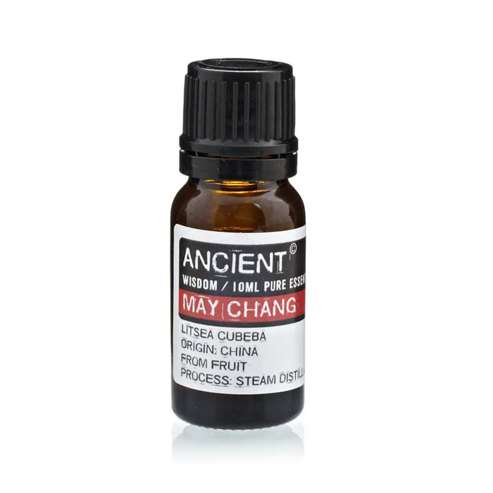 A small amber glass bottle with black cap and white label of ancient wisdom may chang essential oil 10ml