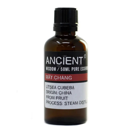 A 50ml amber glass bottle of may chang essential oil with a black ribbed cap and black red label with white text
