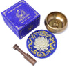 Golden brass medicine buddha singing bowl 10cm with embossed buddha figure and blue gold embroidered cushion
